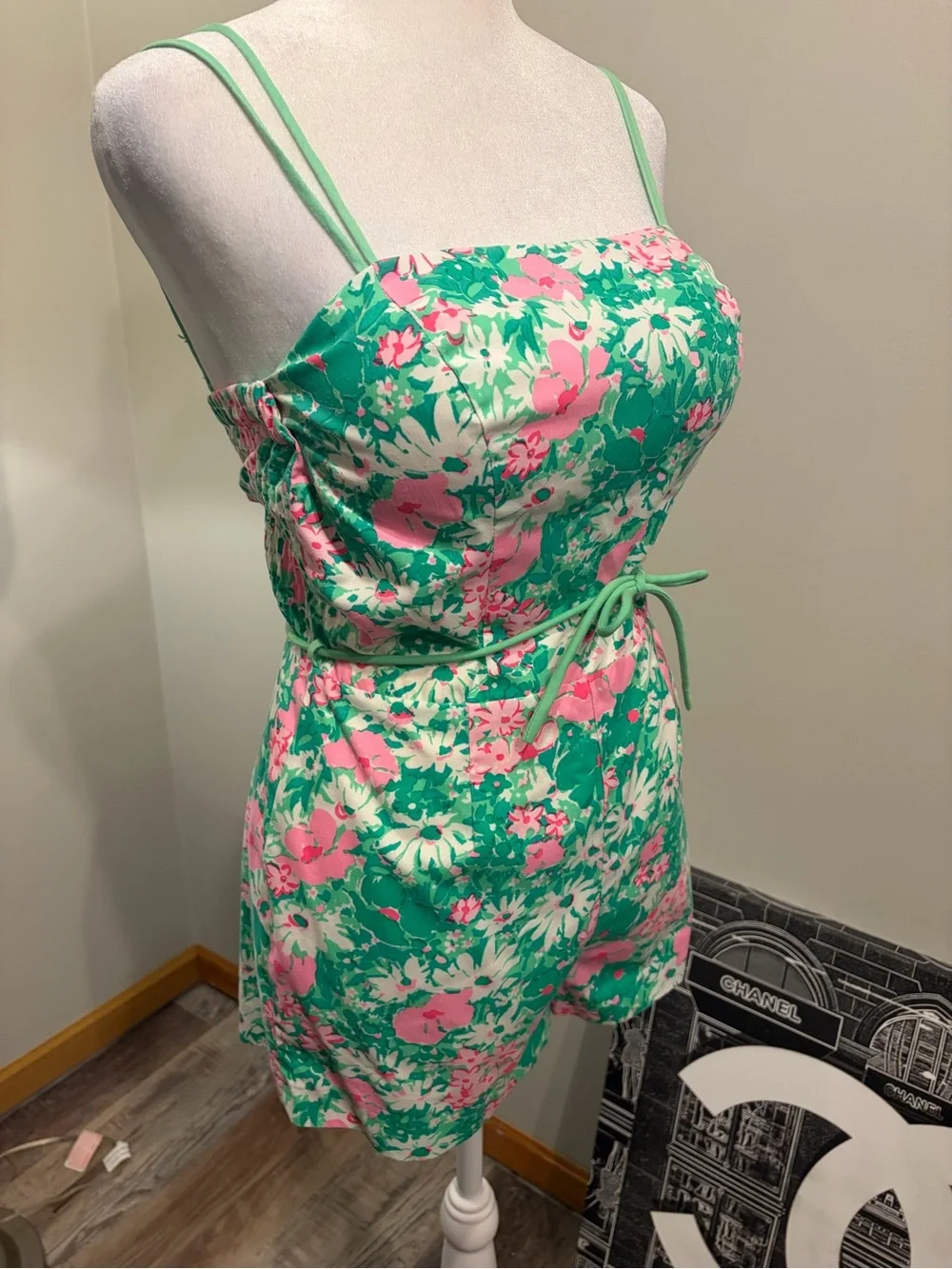 Floral Green & Pink Tie-Waist Romper - Picture 1 of 13